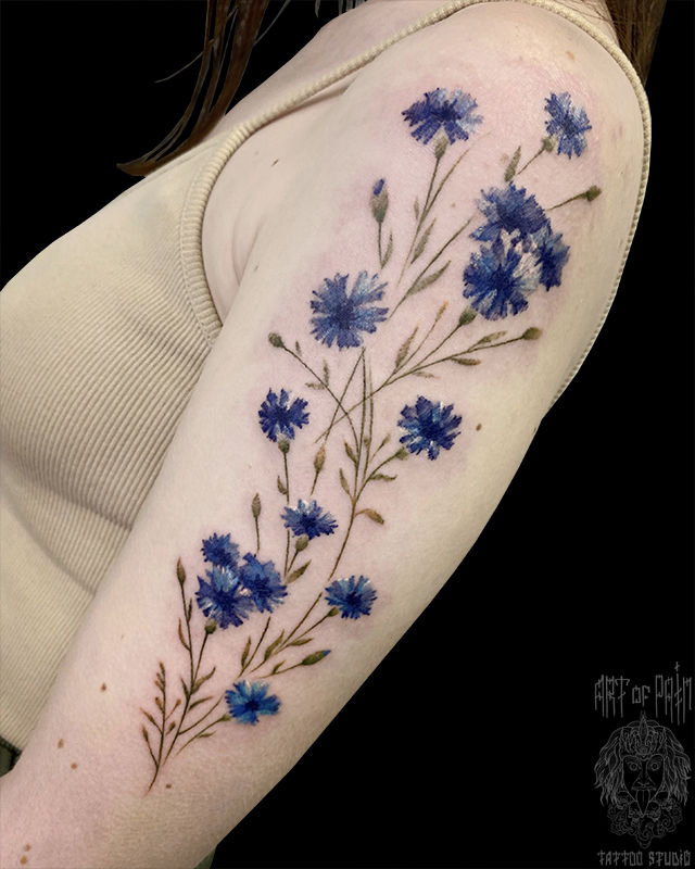 Татуировка женская графика на плече васильки – Мастер тату: Евгения Шмидт