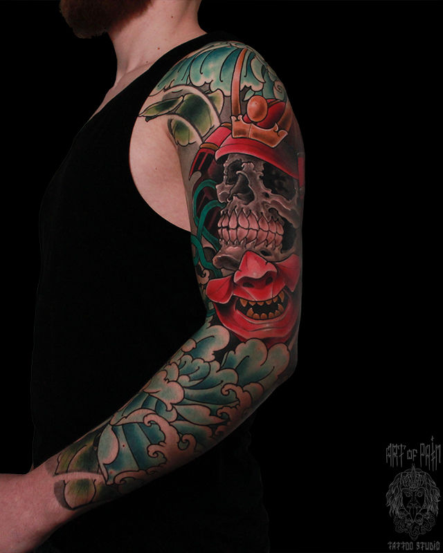 Татуировка мужская япония тату-рукав череп самурая и пион вид сбоку – Мастер тату: Марк Акулов