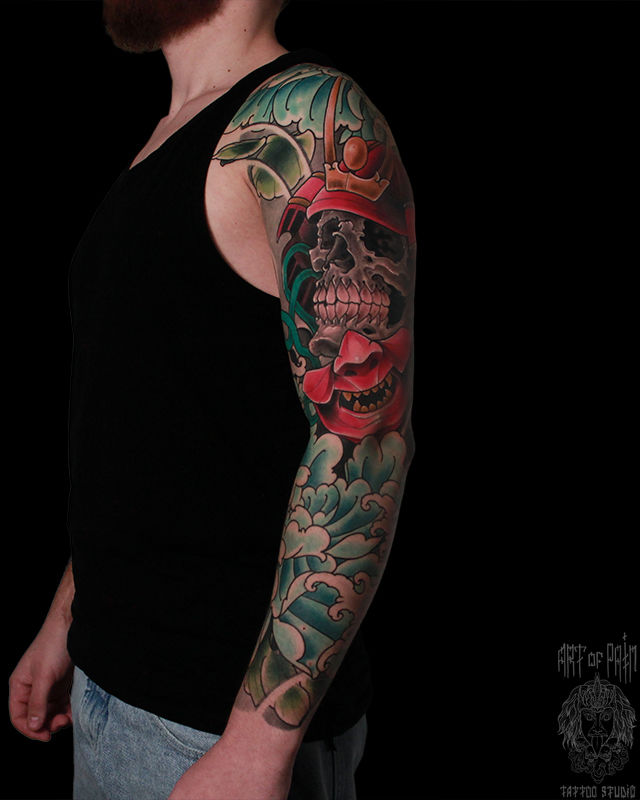 Татуировка мужская япония тату-рукав череп самурая и пион вид в полный рост – Мастер тату: Марк Акулов