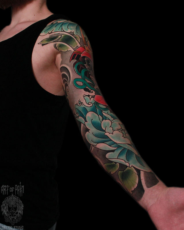 Татуировка мужская япония тату-рукав череп самурая и пион внутренняя часть – Мастер тату: Марк Акулов