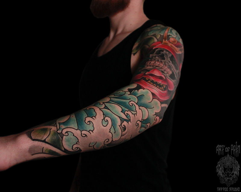 Татуировка мужская япония тату-рукав череп самурая и пион – Мастер тату: Марк Акулов