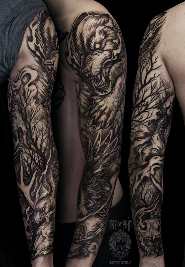 Татуировка мужская black&gray тату-рукав волк и вороны – Мастер тату: 
