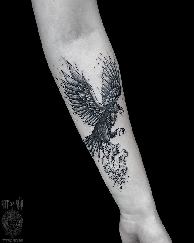 Татуировка женская графика на предплечье ворон – Мастер тату: Мария Котова