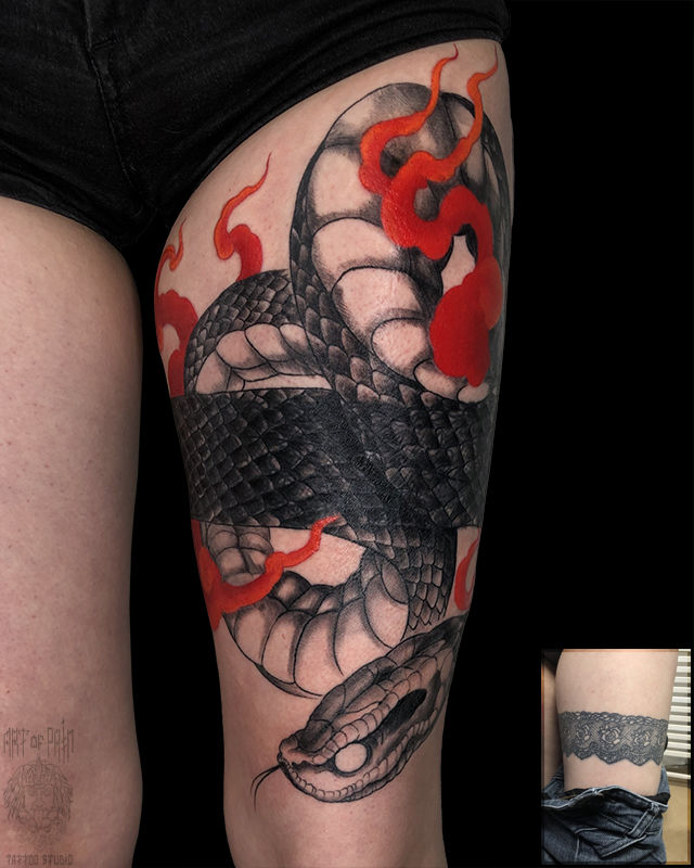 Татуировка женская япония на бедре змея кавер – Мастер тату: 