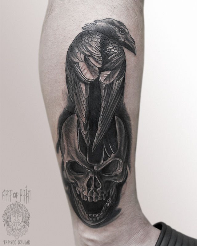 Татуировка мужская black&grey на голени ворон и череп – Мастер тату: Юрий Хандрыкин