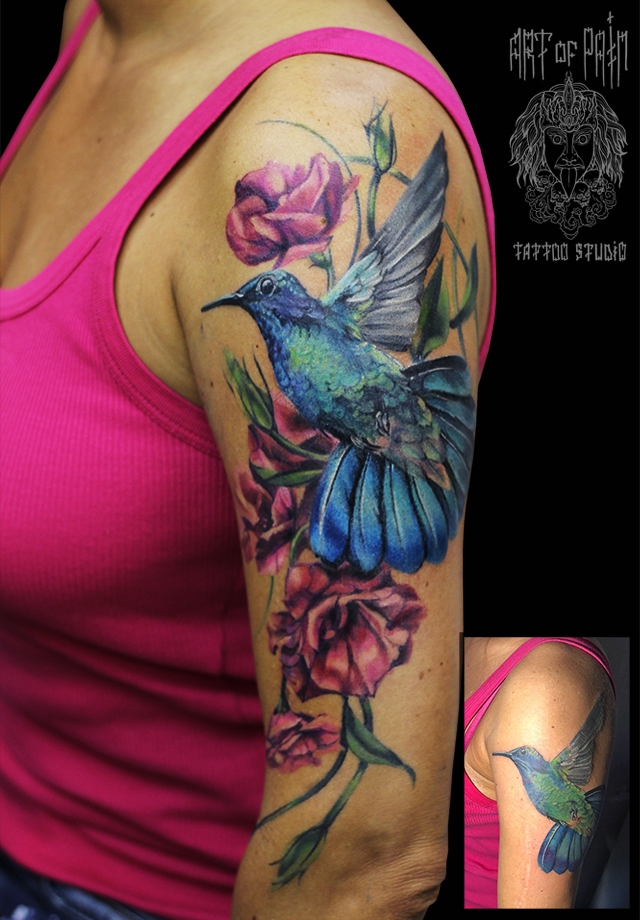 Татуировка женская реализм на плече колибри кавер – Мастер тату: 