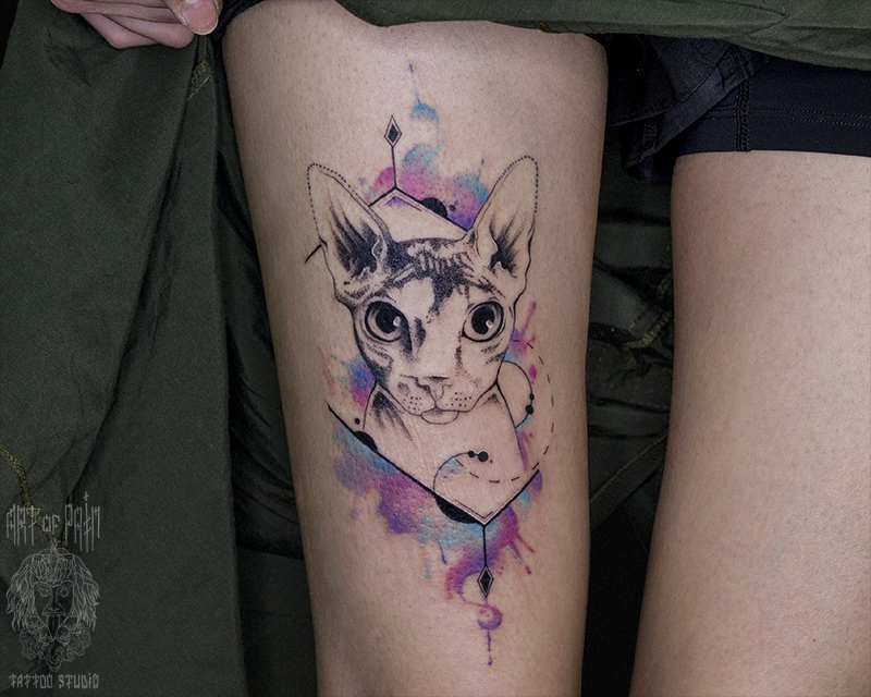 Татуировка женская акварель на бедре кот – Мастер тату: 