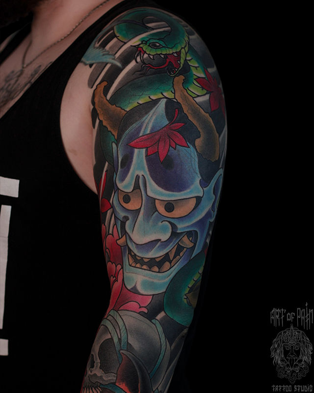Татуировка мужская япония на плече Ханья – Мастер тату: Марк Акулов