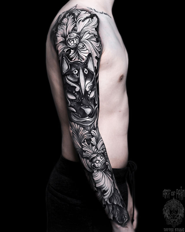 Татуировка мужская нью скул тату-рукав кицуне и дарумы-цветы – Мастер тату: Слава Tech Lunatic