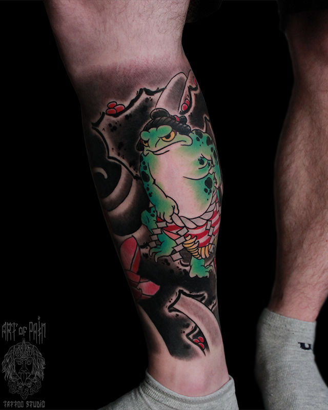 Татуировка мужская япония на голени жаба – Мастер тату: Марк Акулов