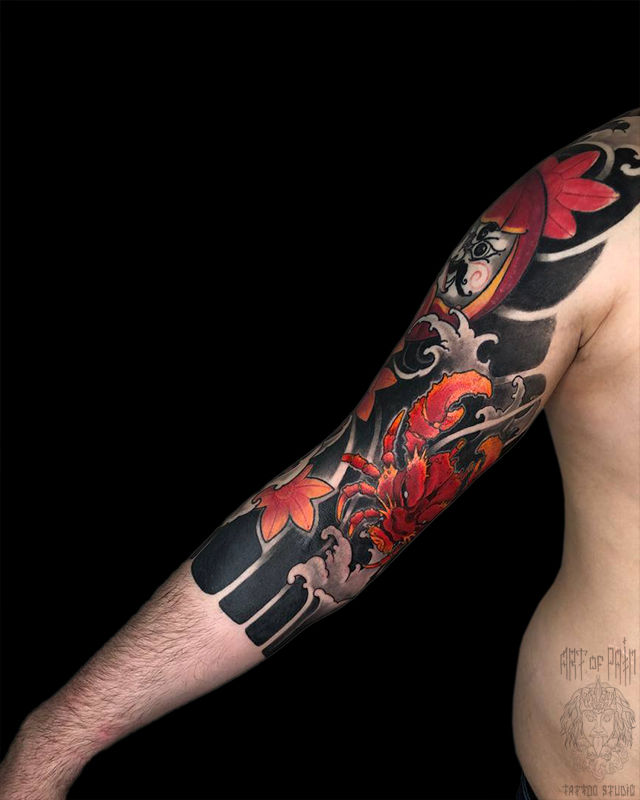 Татуировка мужская япония тату-рукав Дарума и краб – Мастер тату: 