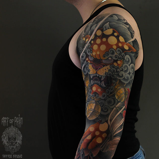 Татуировка мужская япония на плече лев – Мастер тату: Марк Акулов