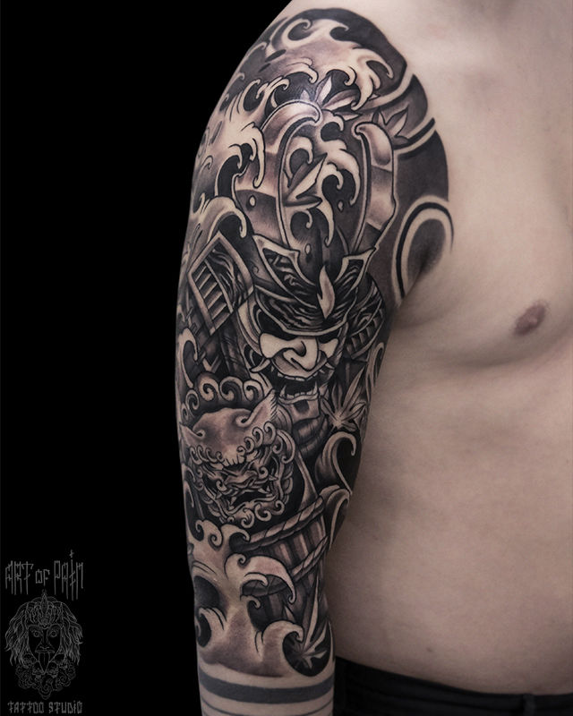 Татуировка мужская япония на плече самурай, вид сбоку – Мастер тату: 