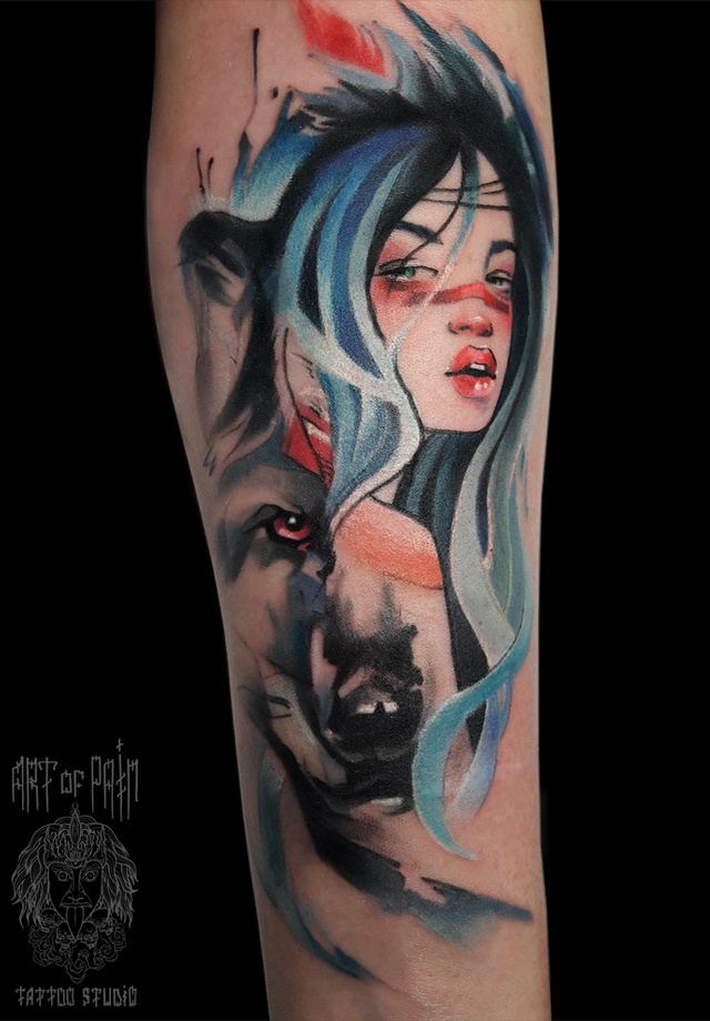 татуировка женская акварель на предплечье девушка и волк – Мастер тату: 