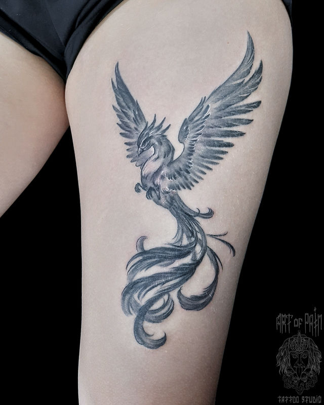 Татуировка женская графика на бедре птица феникс – Мастер тату: 