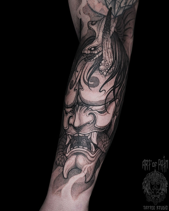 Татуировка мужская графика и япония на предплечье ханья и змея – Мастер тату: 
