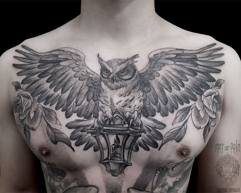Татуировка мужская графика на груди сова с фонарем в лапах – Мастер тату: 