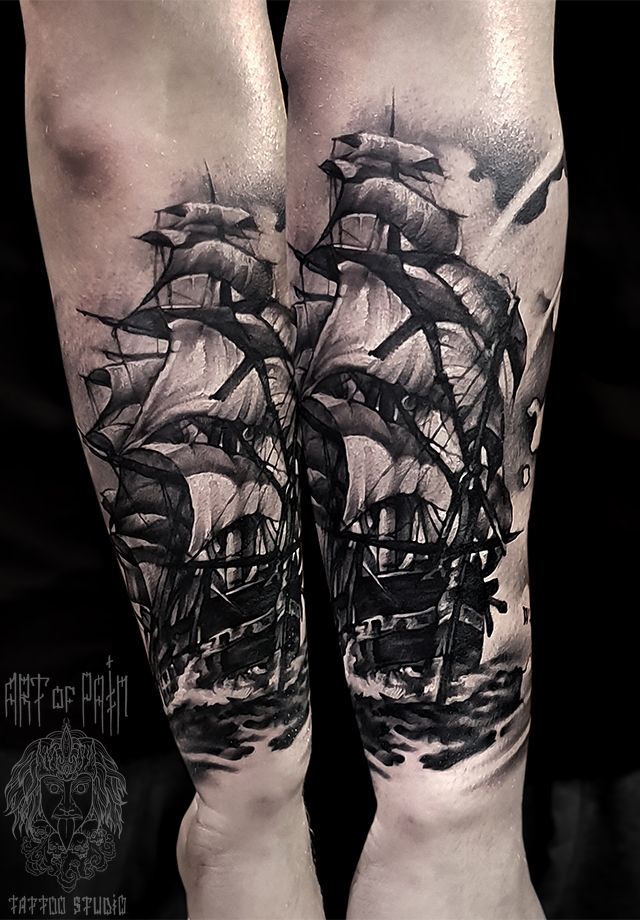 Татуировка мужская black&grey на предплечье корабль – Мастер тату: 