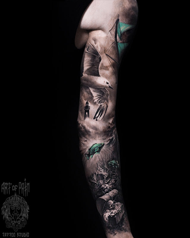 Татуировка мужская реализм тату-рукав сокровища, чайка, маяк – Мастер тату: Слава Tech Lunatic