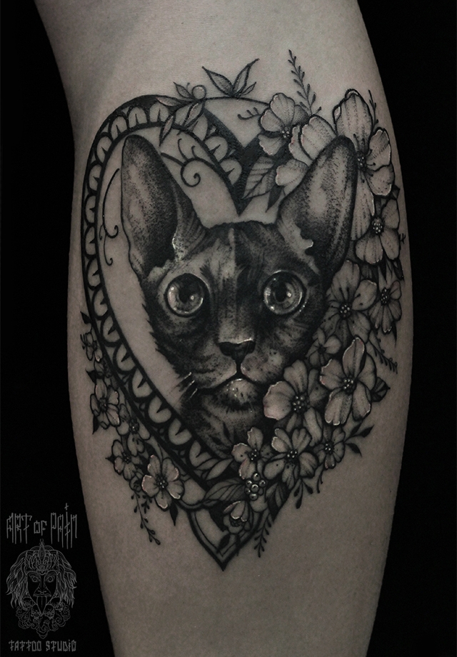 Татуировка женская black&grey на голени кот сфинкс – Мастер тату: 