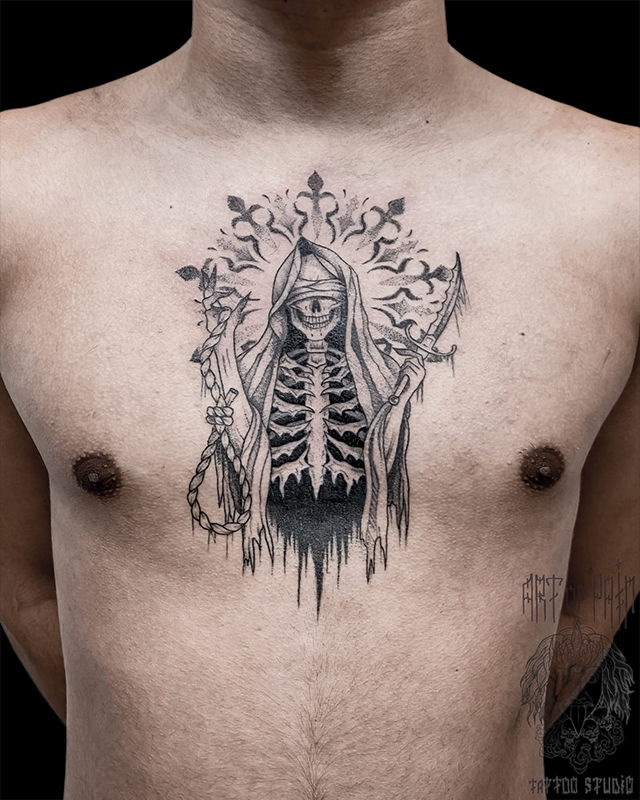 Татуировка мужская графика на груди скелет – Мастер тату: Мария Котова