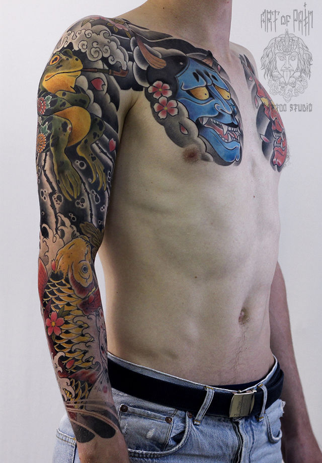 Татуировка мужская япония тату-рукав карпы и жаба – Мастер тату: Марк Акулов