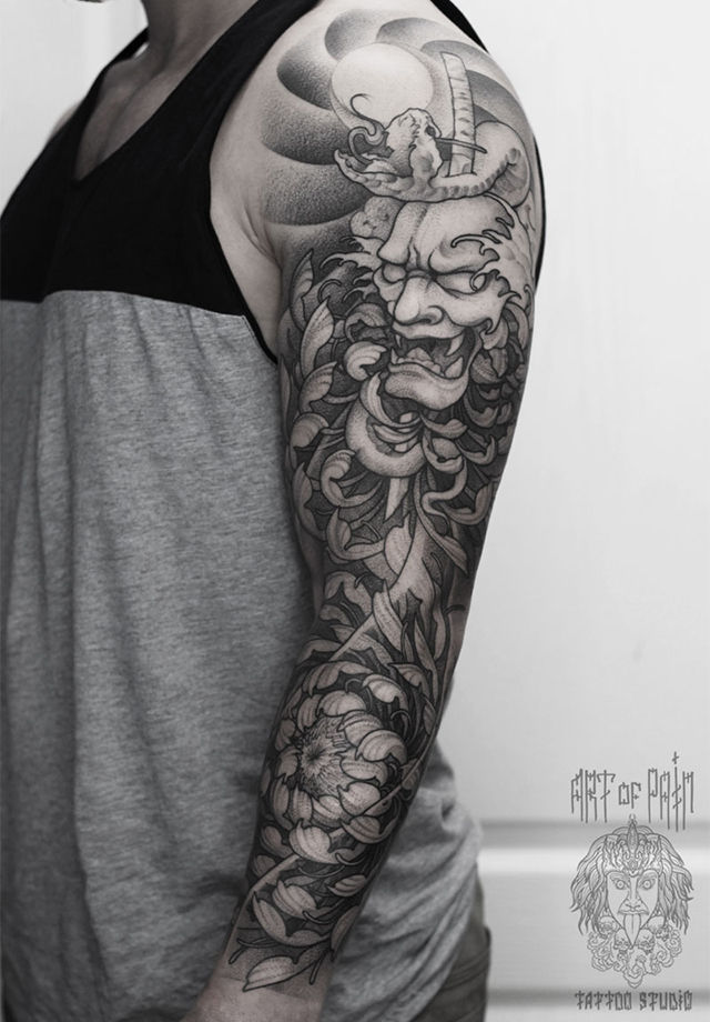 Татуировка мужская графика тату-рукав хризантемы, ханья, змея – Мастер тату: 
