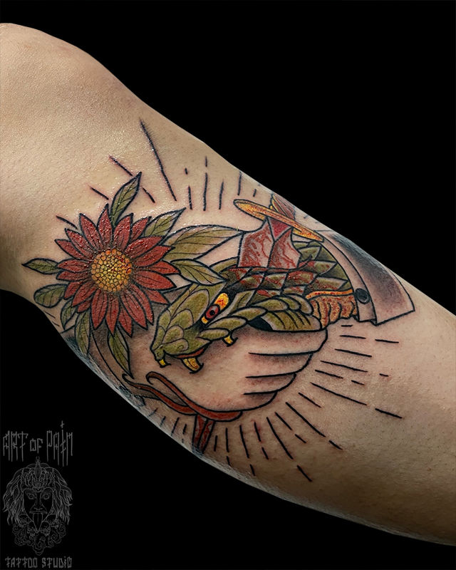 Татуировка женская олд скул на голени змея, рука – Мастер тату: 