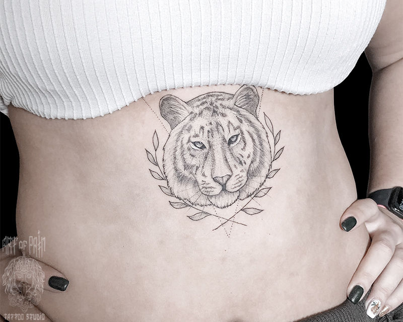 Татуировка женская графика на животе тигр – Мастер тату: Мария Котова