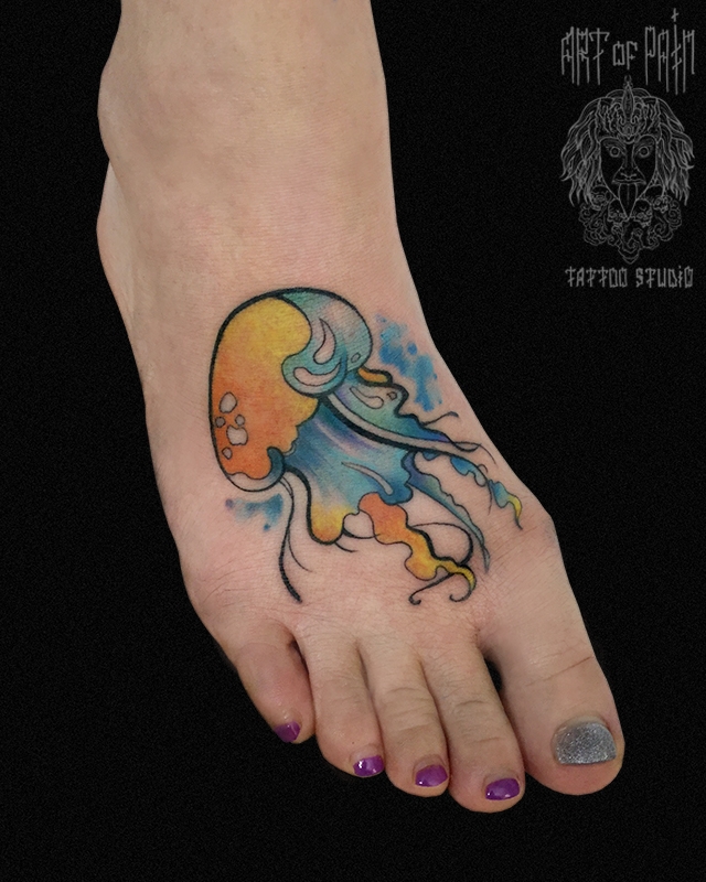 Татуировка женская акварель на стопе медуза – Мастер тату: 