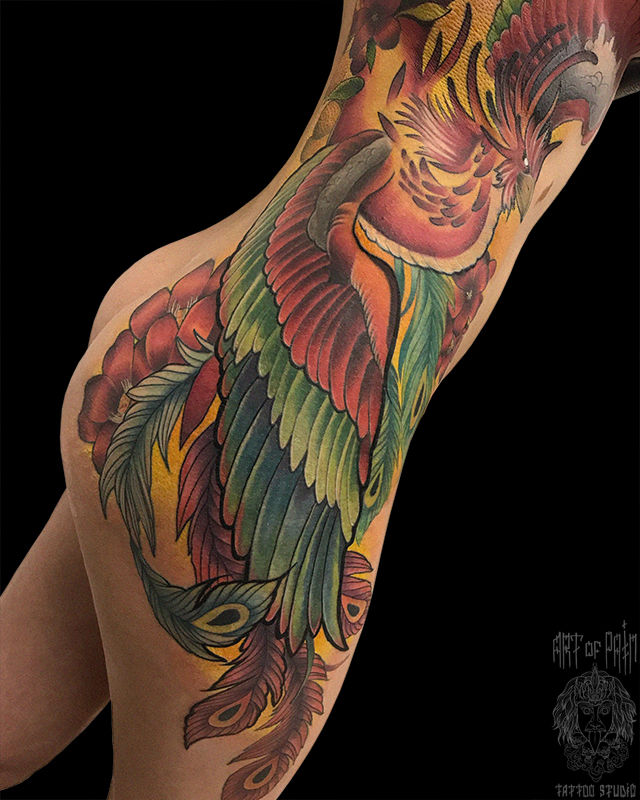 Татуировка женская япония и неотрад на боку феникс – Мастер тату: Илья Гальянский
