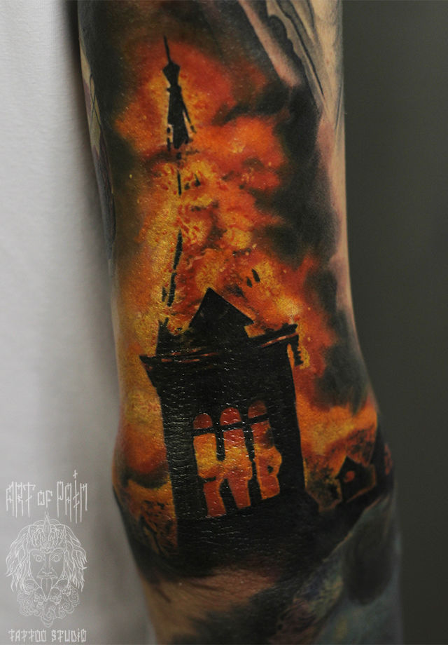 Татуировка мужская на руке реализм пожар – Мастер тату: Александр Pusstattoo