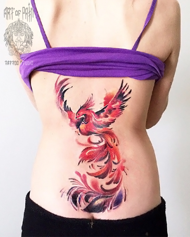 Татуировка женская акварель на пояснице феникс – Мастер тату: 