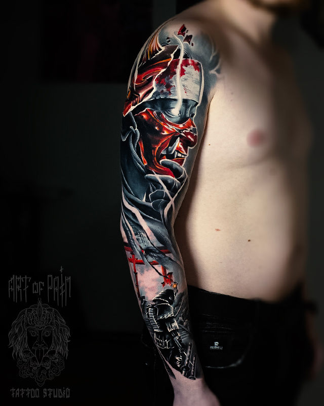 Татуировка мужская реализм и япония тату-рукав самурай – Мастер тату: Дмитрий Шейб