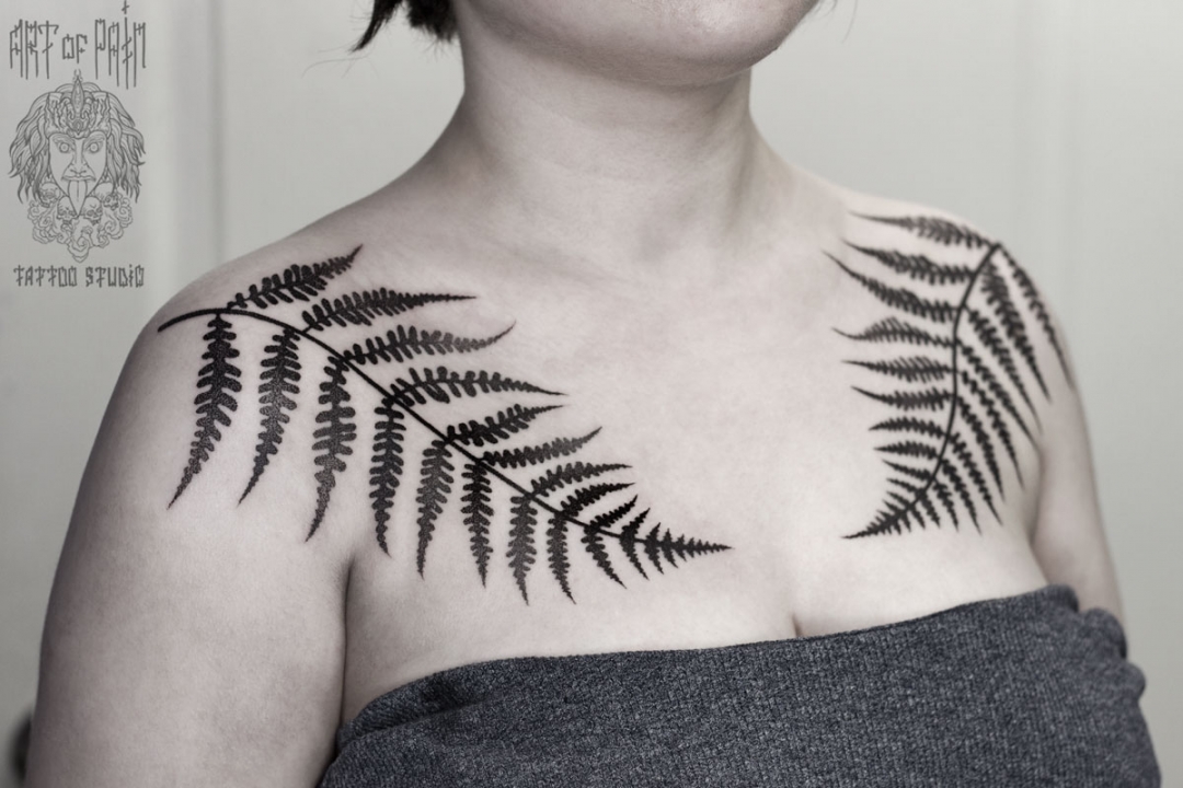 Татуировка женская графика на груди папоротник – Мастер тату: 