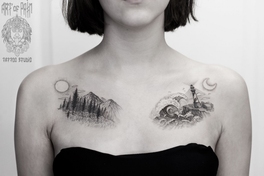 Татуировка женская графика на груди пейзаж – Мастер тату: 