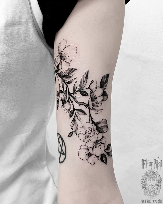 Татуировка женская графика на руке сакура – Мастер тату: 