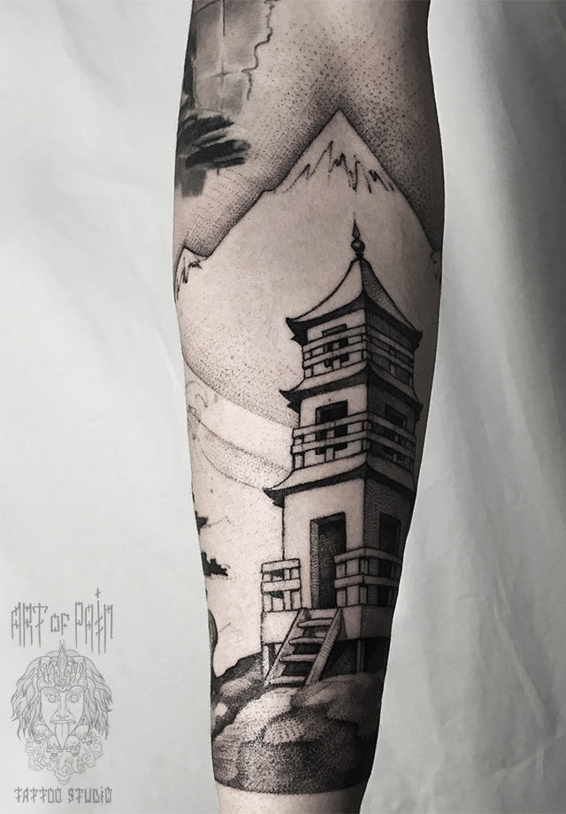 Татуировка мужская дотворк на предплечье пагода – Мастер тату: 