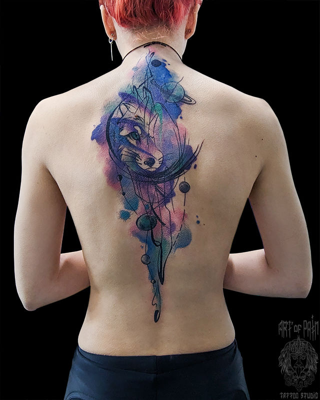 Татуировка женская акварель на спине лиса и планеты – Мастер тату: Анастасия Родина