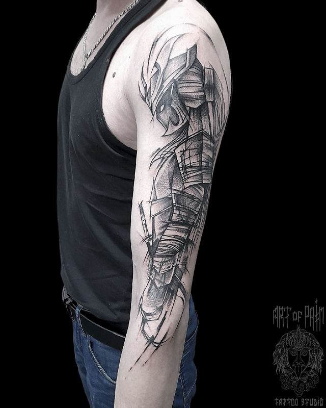 Татуировка мужская графика на руке самурай – Мастер тату: Николай Орф