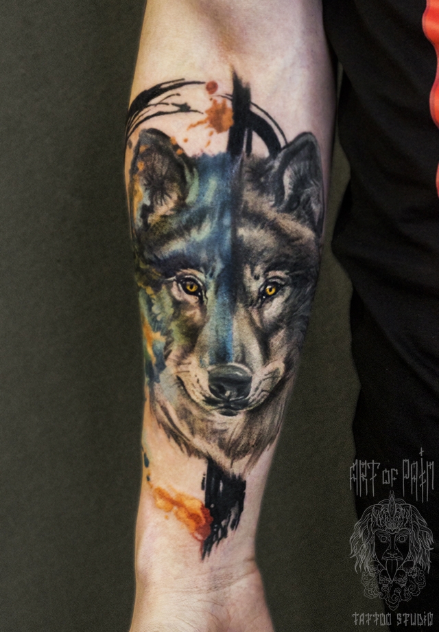 Татуировка мужская акварель на предплечье волк – Мастер тату: 