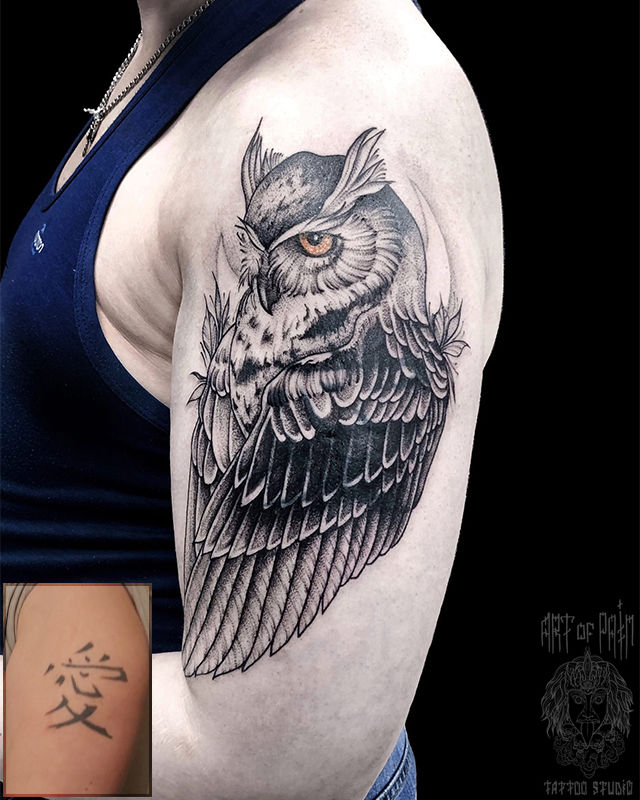 Татуировка женская графика на плече сова кавер – Мастер тату: Мария Котова