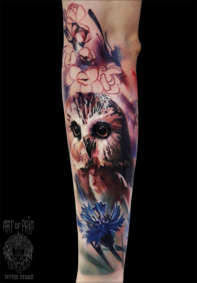 Татуировка совы на женском предплечье в стиле акварель – Мастер тату: 