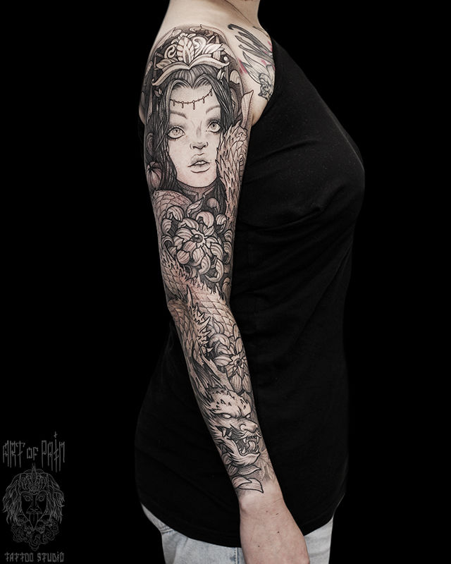 Татуировка женская графика и япония тату-рукав девушка и дракон – Мастер тату: 