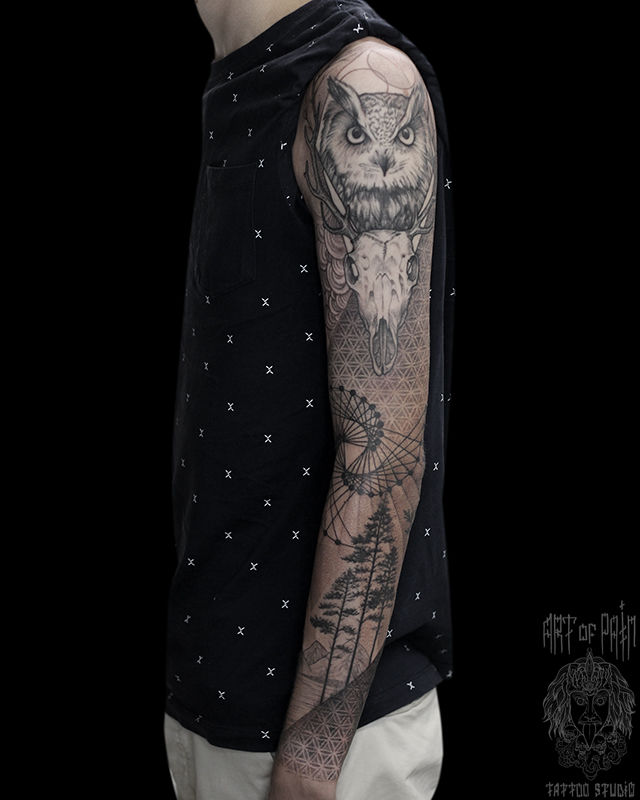 Татуировка мужская графика тату-рукав сова, череп, орнамент, лес – Мастер тату: 