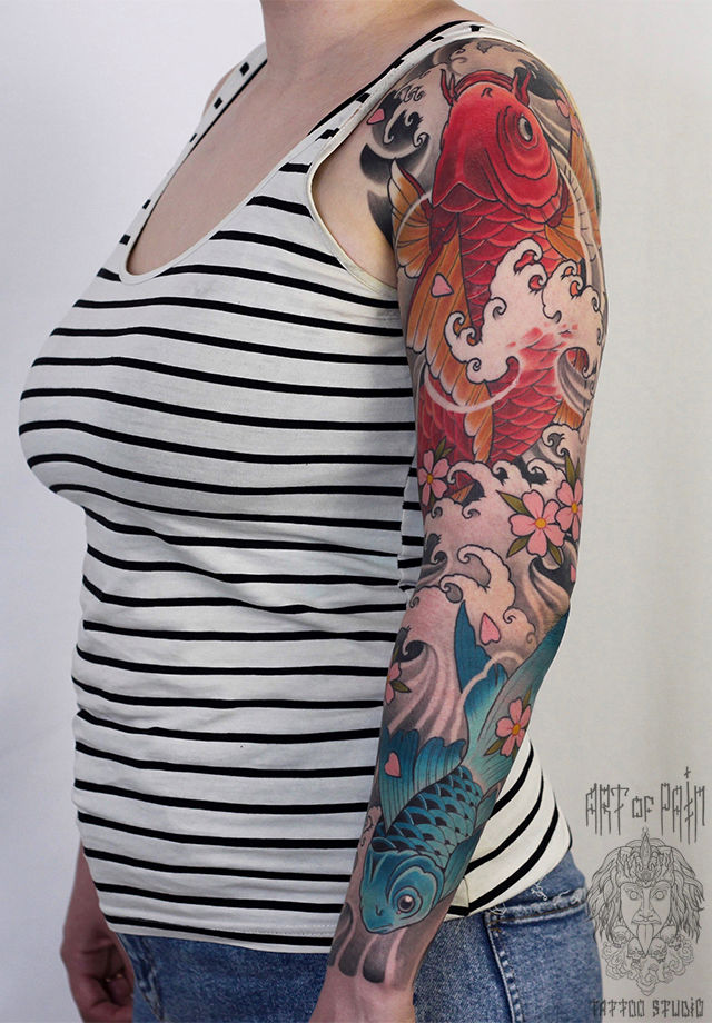 Татуировка женская япония тату-рукав рыбы – Мастер тату: Марк Акулов