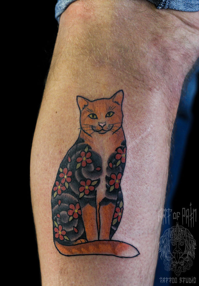 Татуировка мужская япония на голени кот – Мастер тату: Марк Акулов
