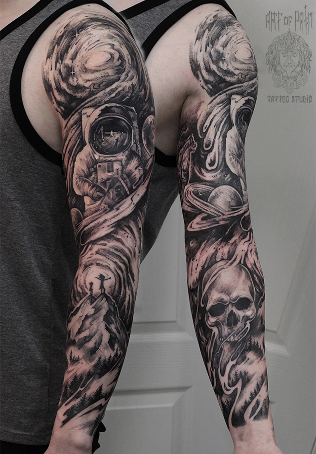 Татуировка мужская графика тату-рукав череп, космонавт, вселенная – Мастер тату: 