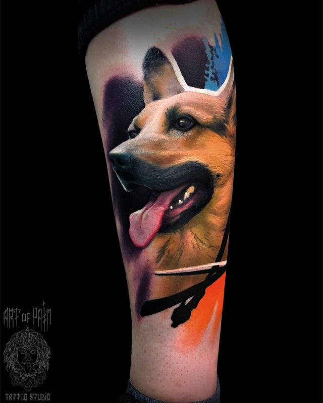 Татуировка мужская реализм на голени собака – Мастер тату: Вячеслав Плеханов