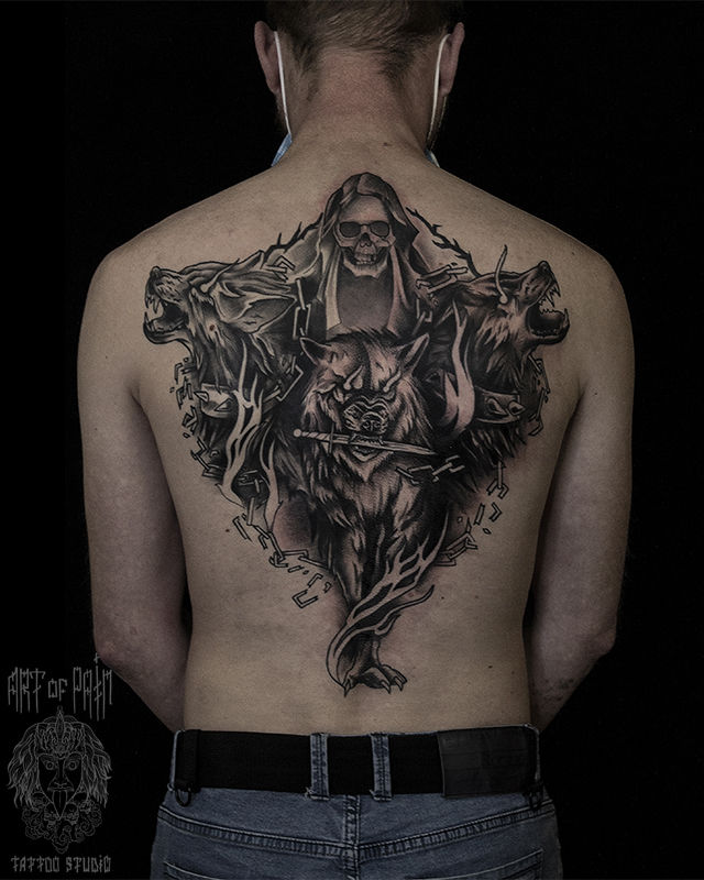 Татуировка мужская нью-скул на спине смерть и волки – Мастер тату: 